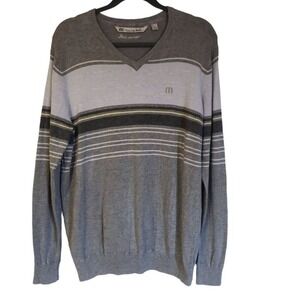TRAVIS MATHEW‎ SWEATER SIZE LARGE GRAY BLUE STRIPES